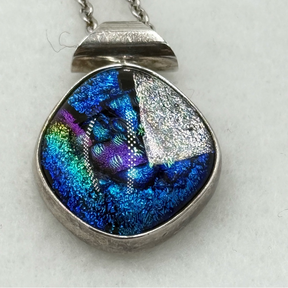Fused Dichroic Glass & Sterling Silver Pendant w/Sterling 18" Chain | Vintage